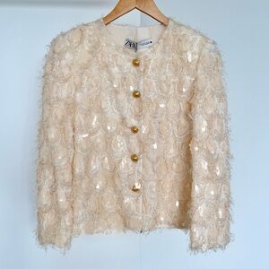 ZARA | NWT Peach Sequin Fringe Jacket